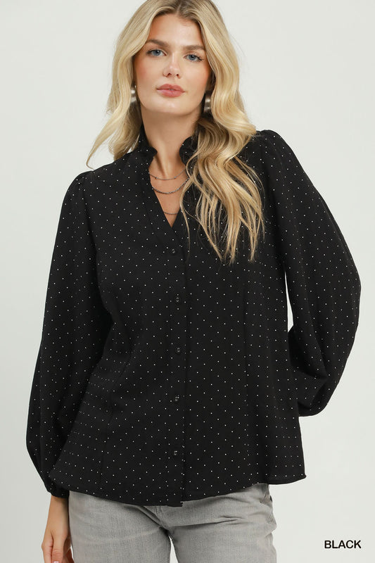 Dot Ruffled Collar Long Sleeve Blouse