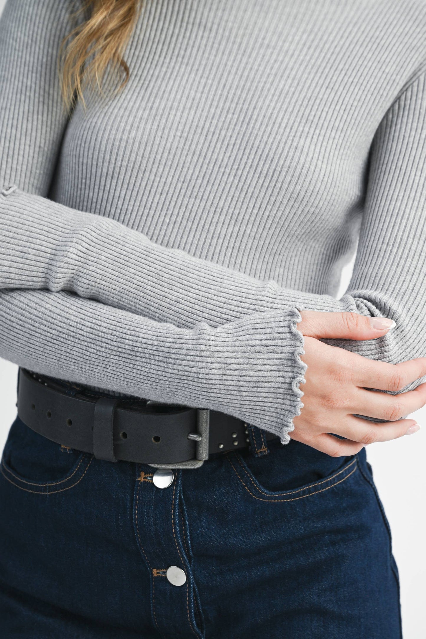 Lettuce Edge Mock Neck Ribbed Sweater