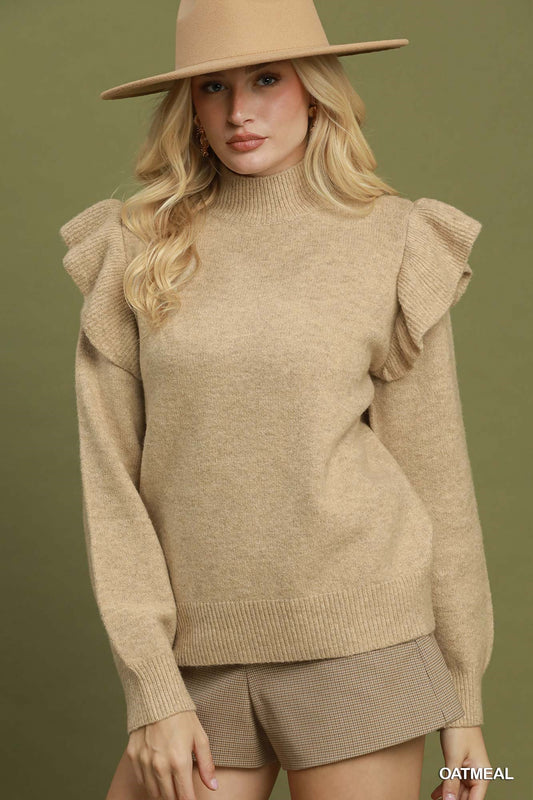 Ruffle Shoulder Mock Neck Sweater