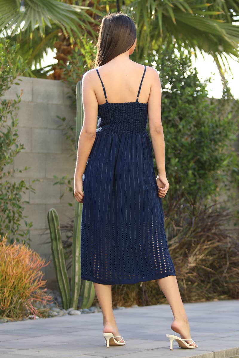 EYELET EMBROIDERED TWIST FRONT MIDI DRESS