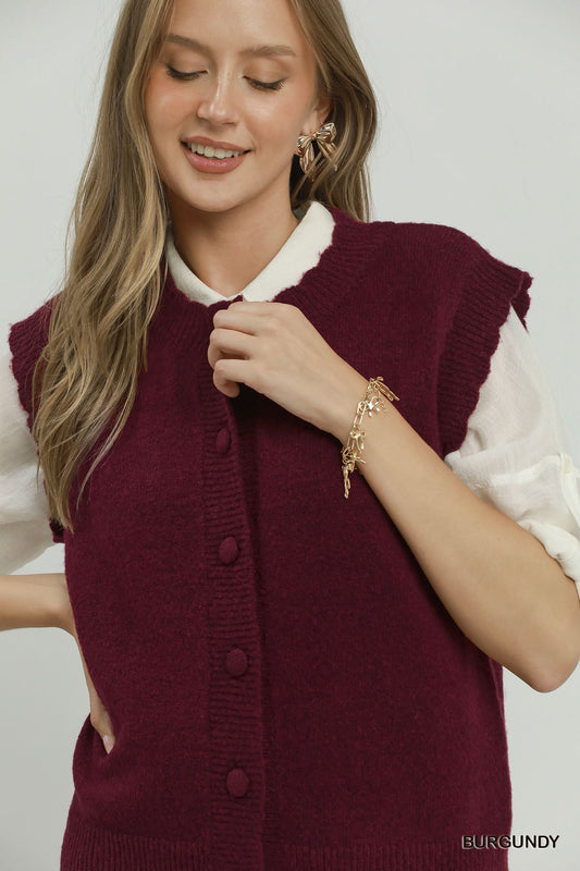 Button Front Scalloped Knit Sweater Vest