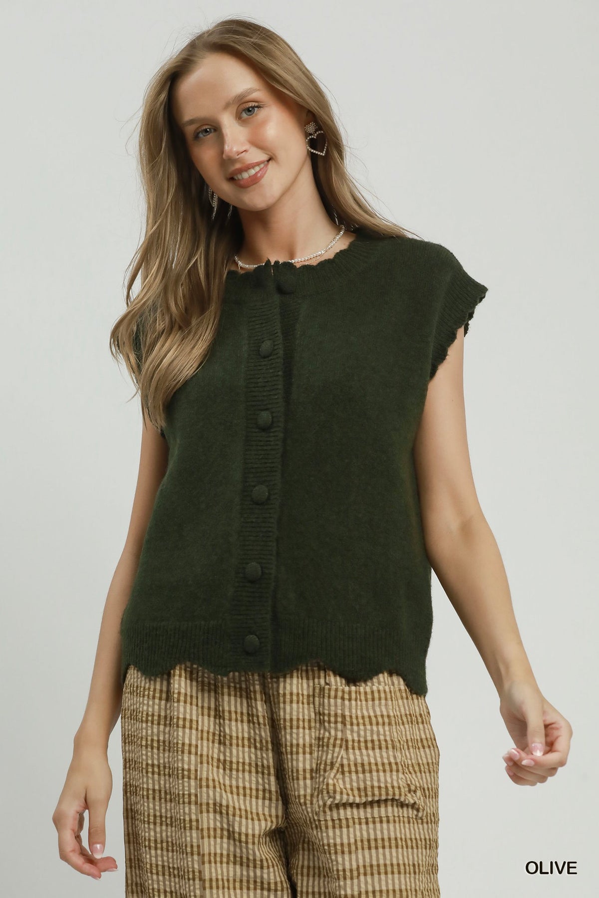 Button Front Scalloped Knit Sweater Vest