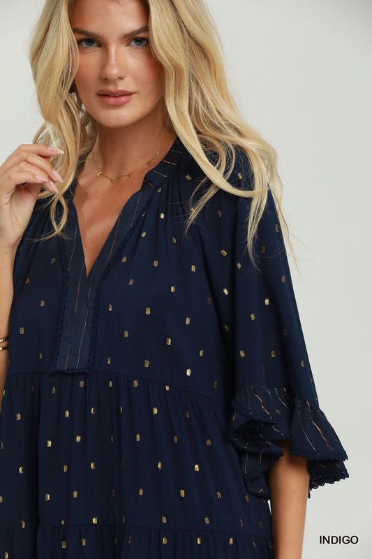 Metallic Dot Tiered Ruffle Sleeve Dress