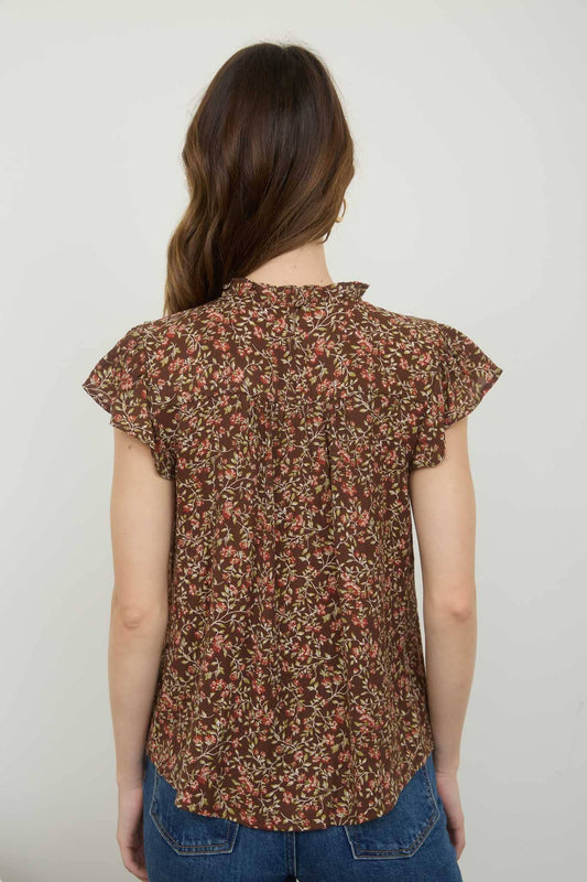 FLORAL LACE YOKE TRIM RUFFLE DETAIL SHORT SLEEVE TOP