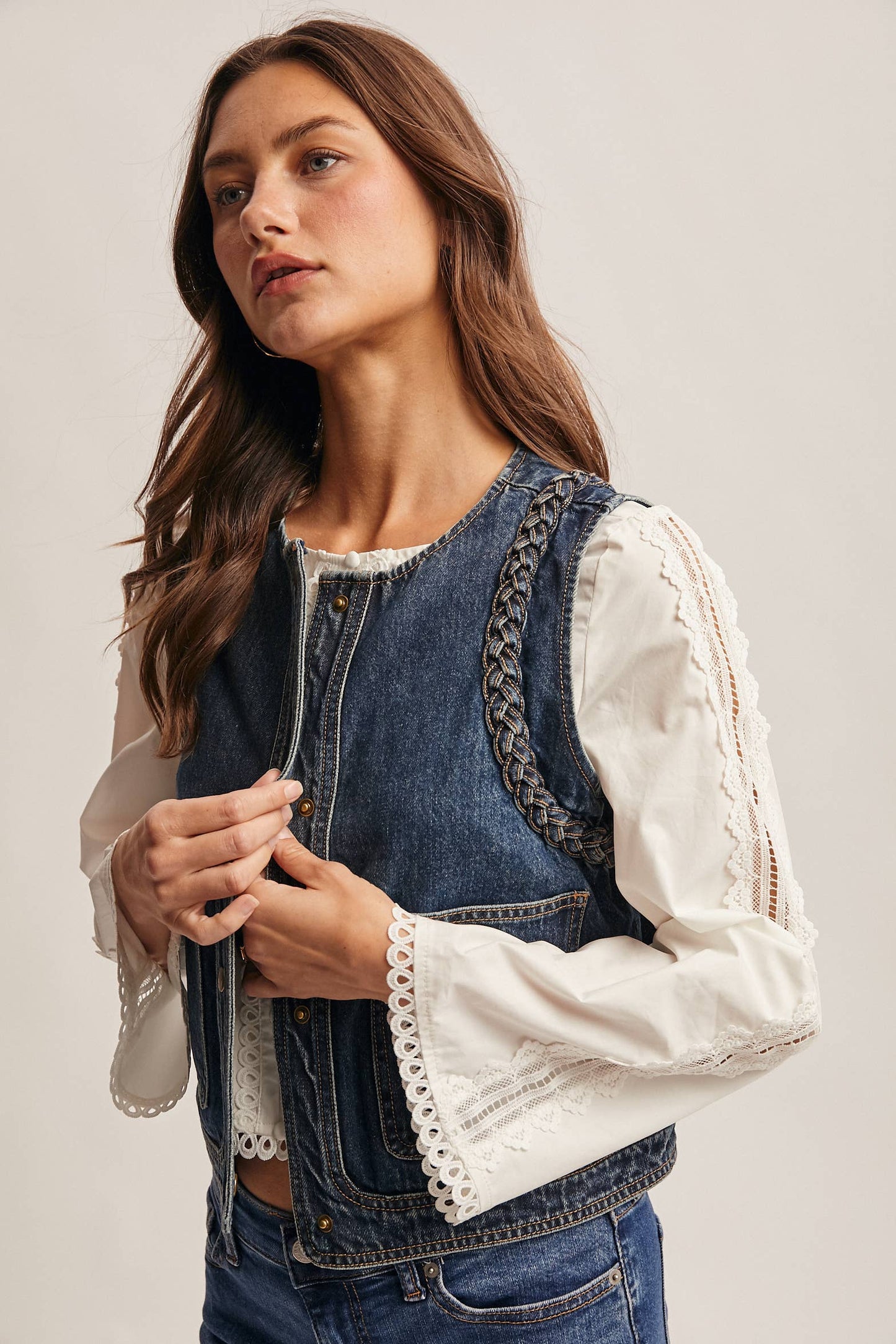Braided Trim Denim Vest