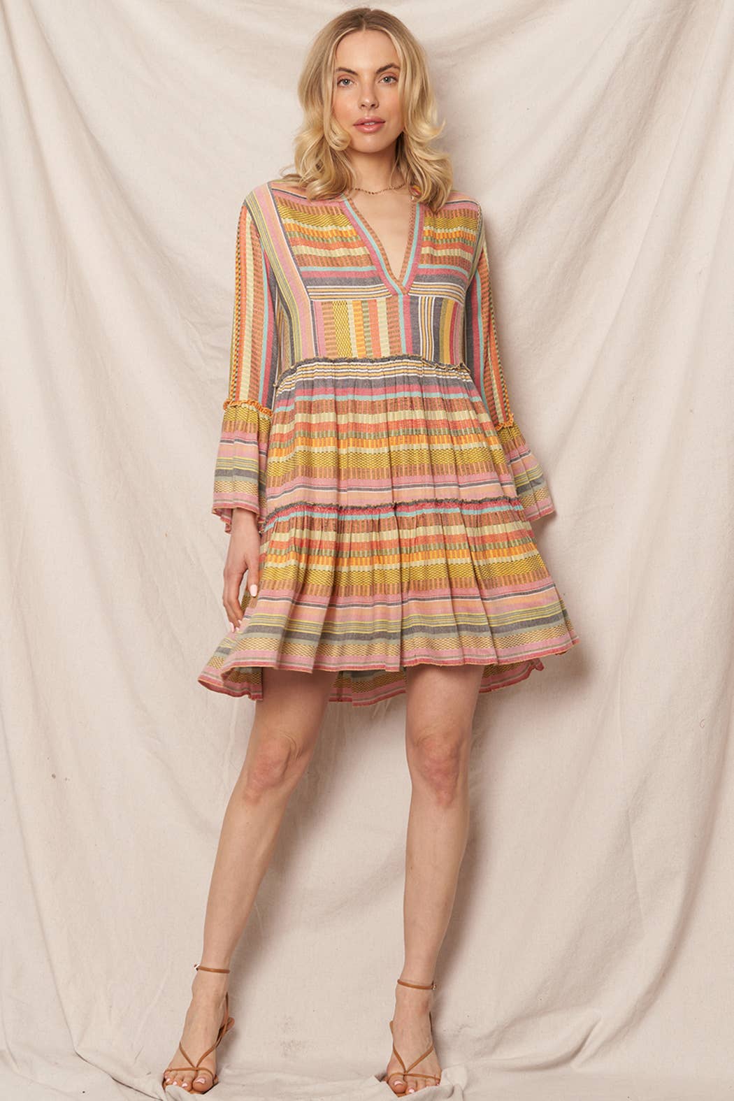 Multicolor Striped V-Neck Tiered Mini Dress