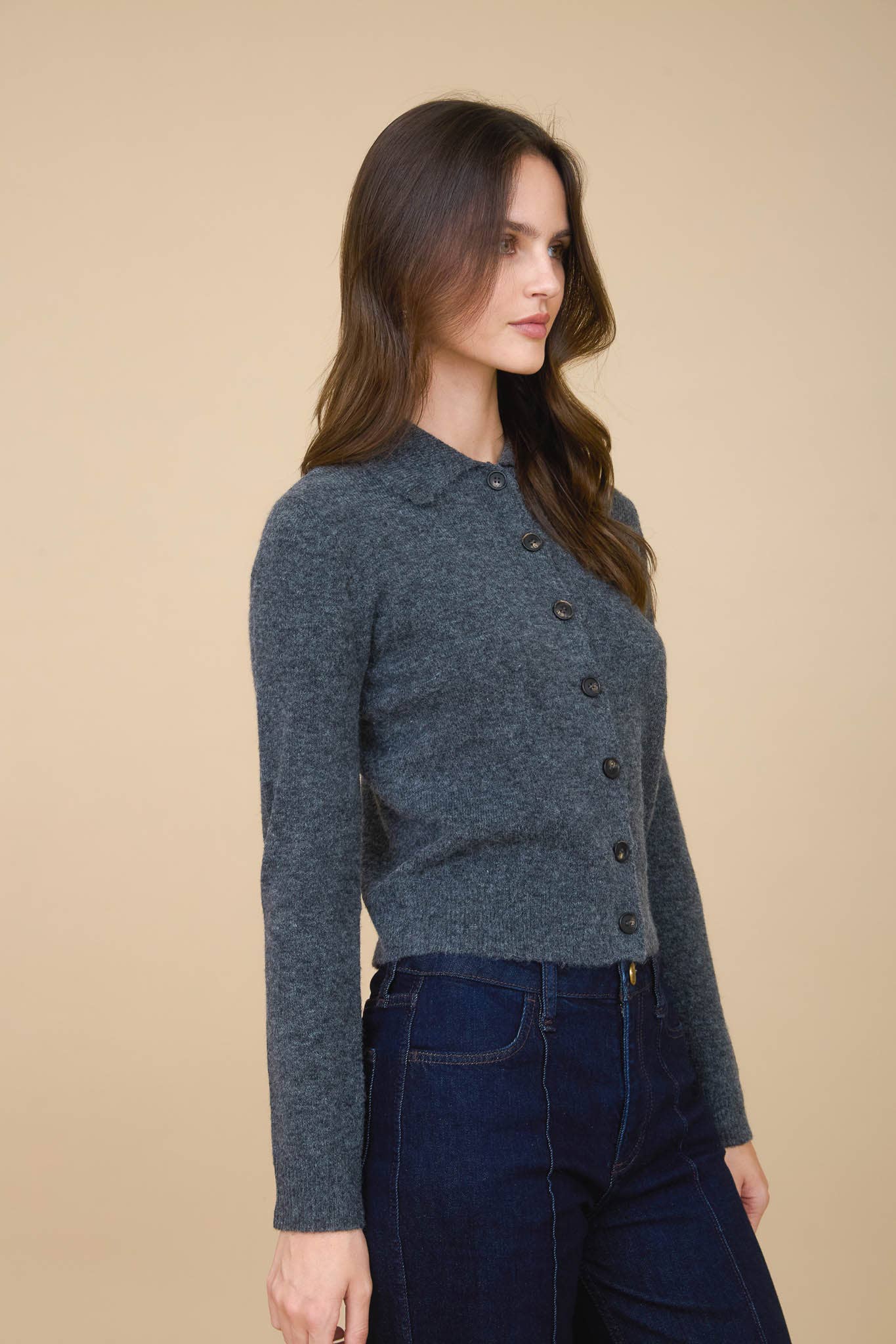 COLLARED BUTTON DOWN LONG SLEEVE KNIT CARDIGAN