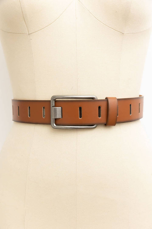 Rectangle Buckle Slit Notch Leather Belt