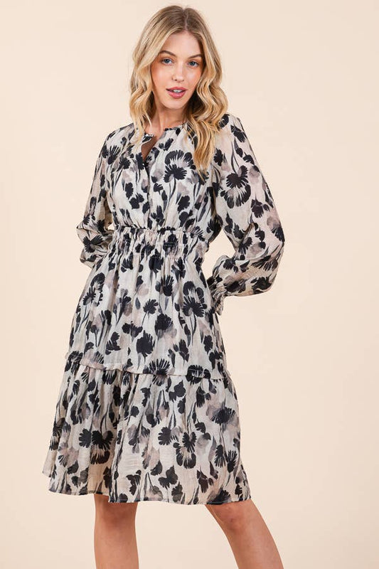 Floral Print Long Sleeve Cinched Waist Tiered Dress