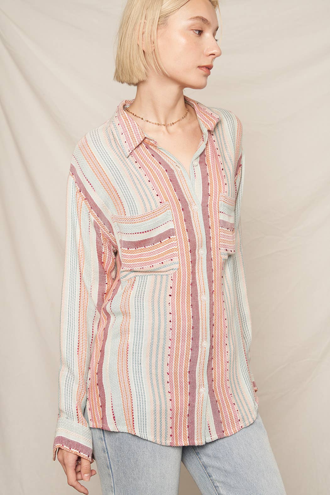 Multi Color Stripe Textured Long Sleeve Shirt