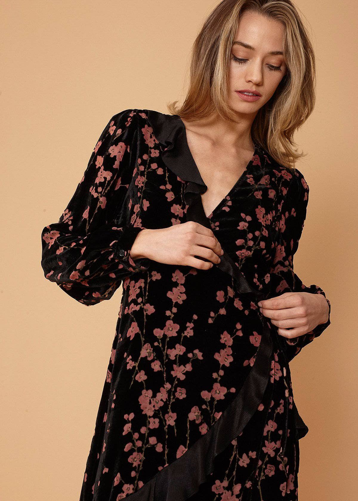 Velvet Asymmetric Floral Wrap Dress