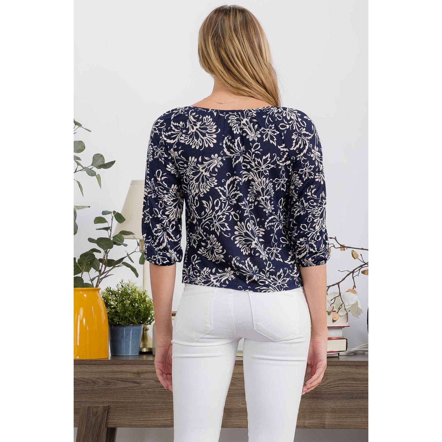 FLORAL KNIT GAUZE BUTTON FRONT TIE PEASANT