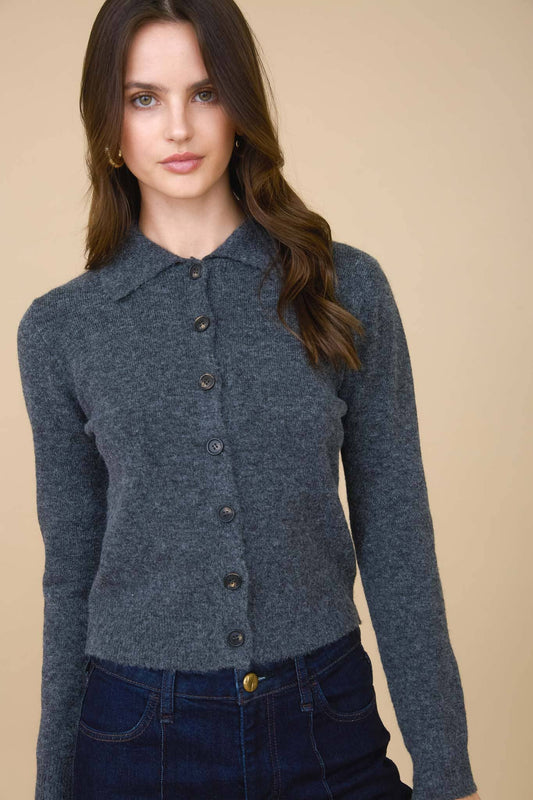 COLLARED BUTTON DOWN LONG SLEEVE KNIT CARDIGAN