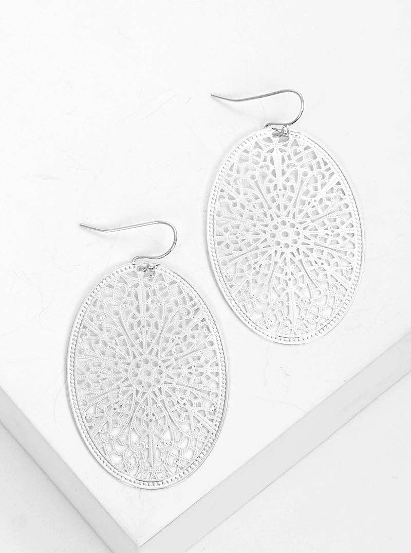 Metal Oval Filigree Fish Hook Dangle Drop Earrings