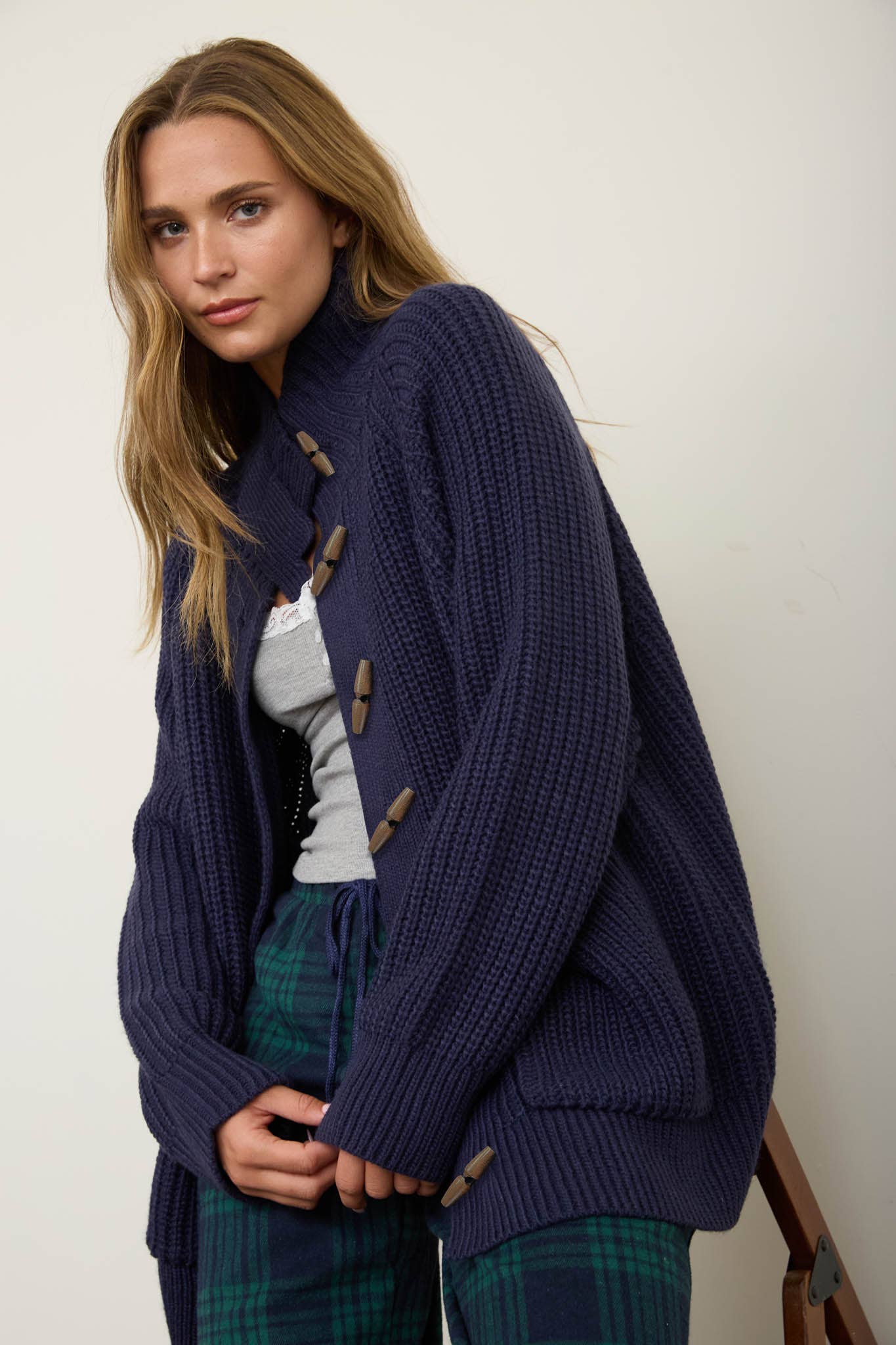 HIGH NECK TOGGLE RIB LONG LINE KNIT CARDIGAN