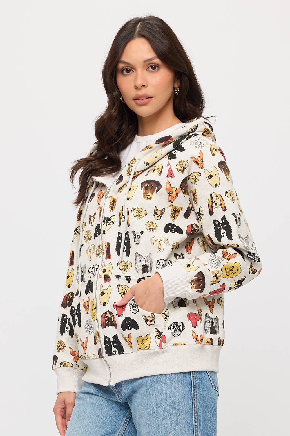 COLORFUL DOG FACES PRINT ZIP UP HOODIE