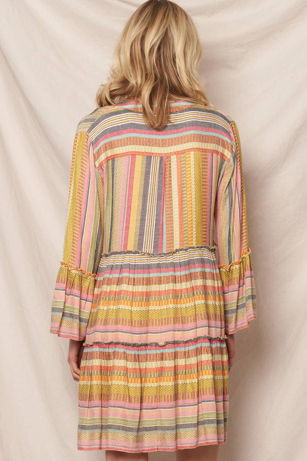 Multicolor Striped V-Neck Tiered Mini Dress