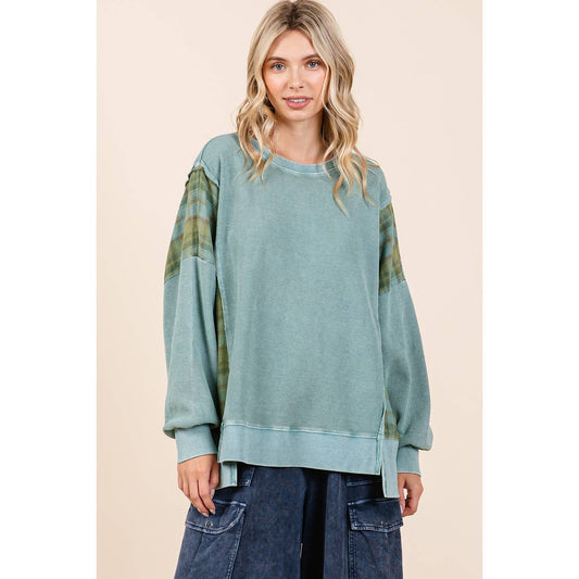 PLAID PANEL MINERAL WASH FRENCH TERRY SWEATSHIRT