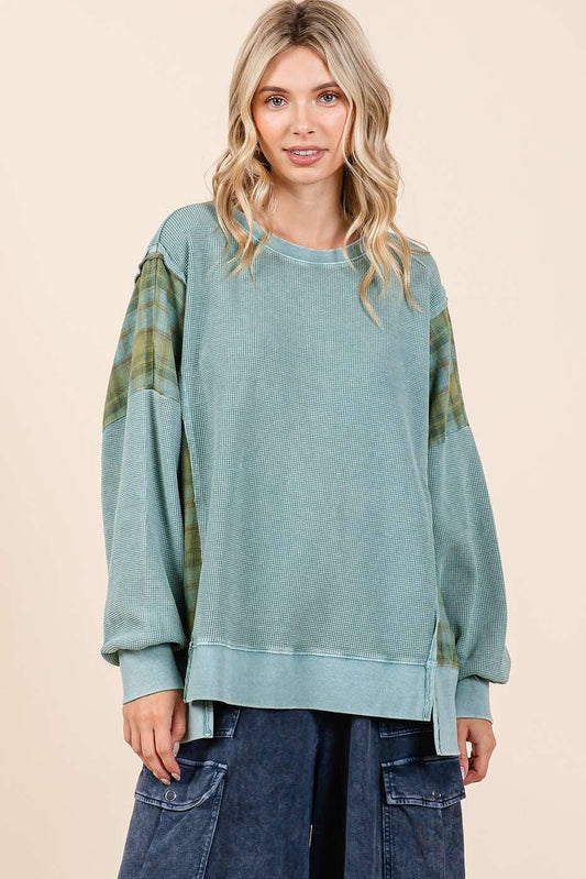 PLAID PANEL MINERAL WASH FRENCH TERRY SWEATSHIRT