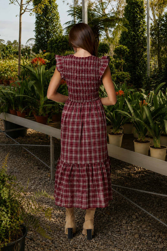 PLAID SMOCKED V NECK BUTTON DOWN RUFFLED MIDI DRES