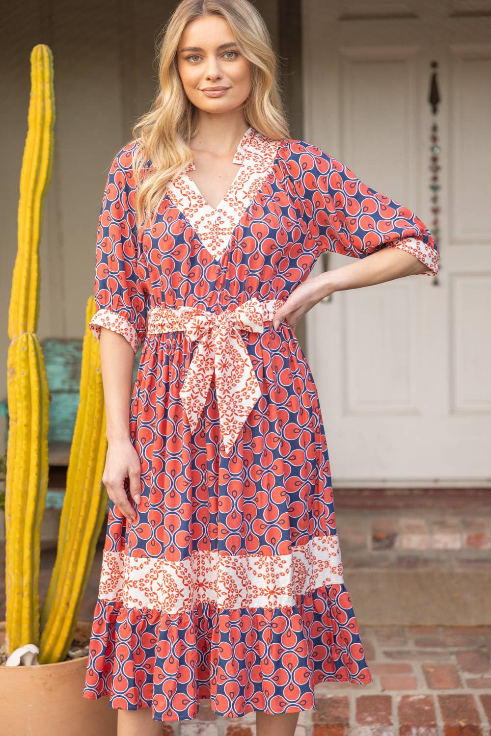 Mixed Print Waist Tie Dress