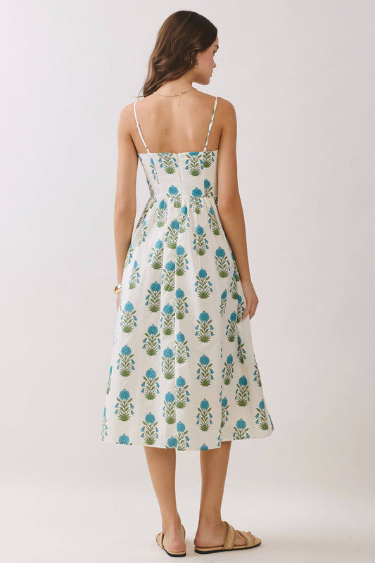 Floral Print Back Zipper Sweetheart Midi Dress
