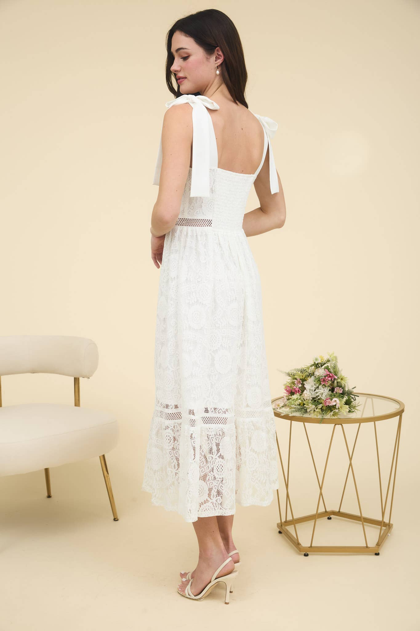 LACE TIE STRAP SHEER TRIM SLEEVELESS MIDI DRESS