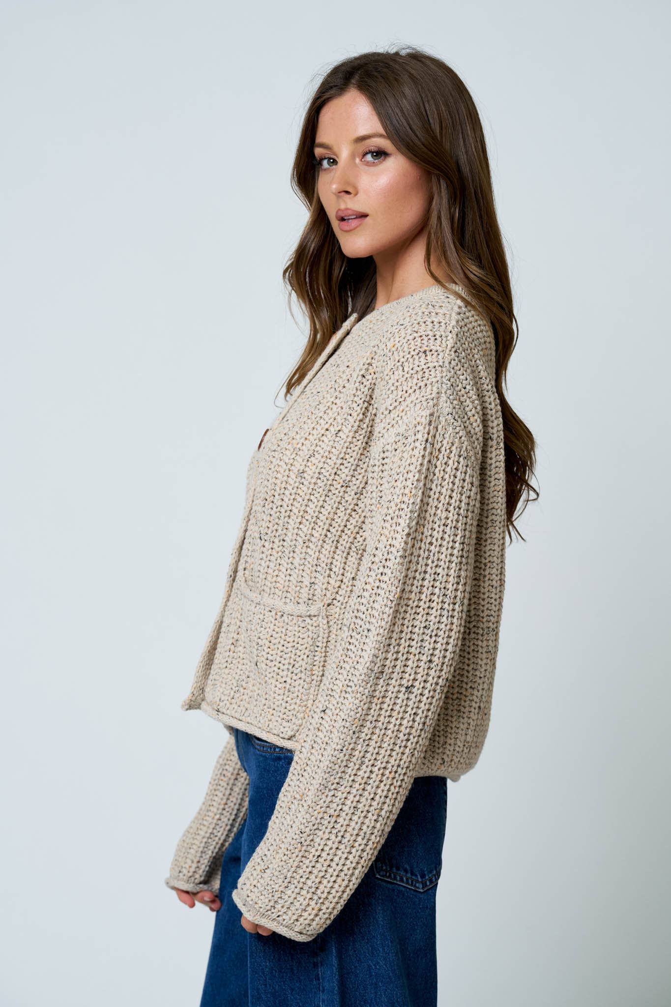 MARLED BUTTON DOWN RAW EDGE CHUNKY KNIT CARDIGAN