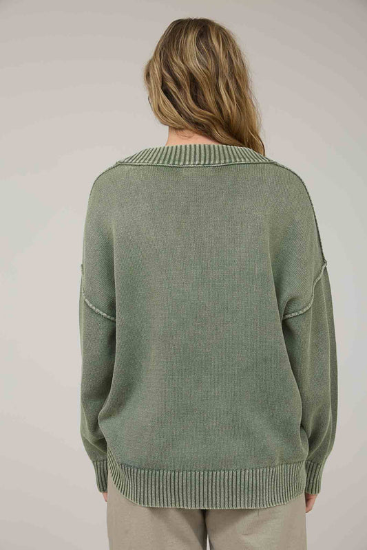 WASHED V NECK LONG SLEEVE OVERSIZED KNIT SWEATER