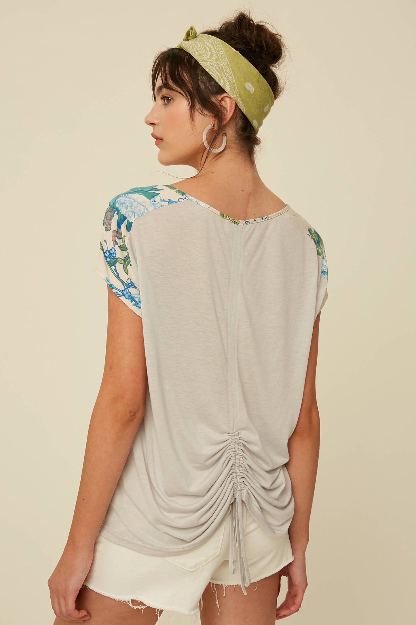 Floral Mixed Fabric V-Neck Blouse