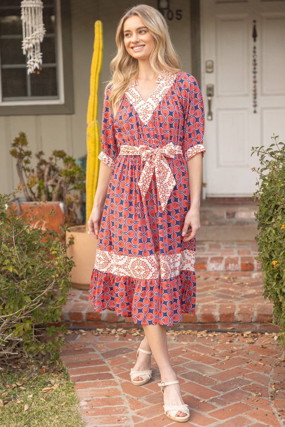 Mixed Print Waist Tie Dress