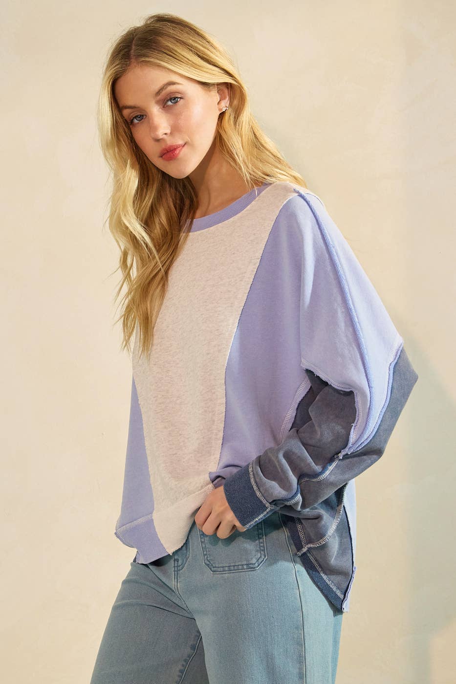 MINERAL WASH COLOR BLOCK DOLMAN SLEEVE PULLOVER