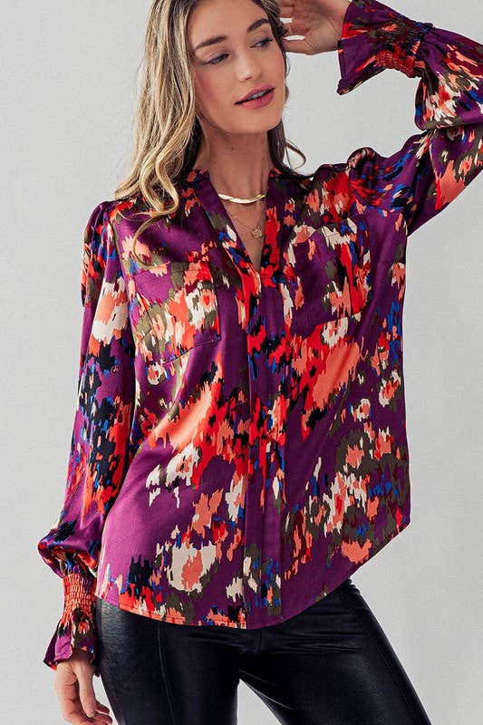 LONG SLEEVE SMOCKING DETAIL SATIN BLOUSE