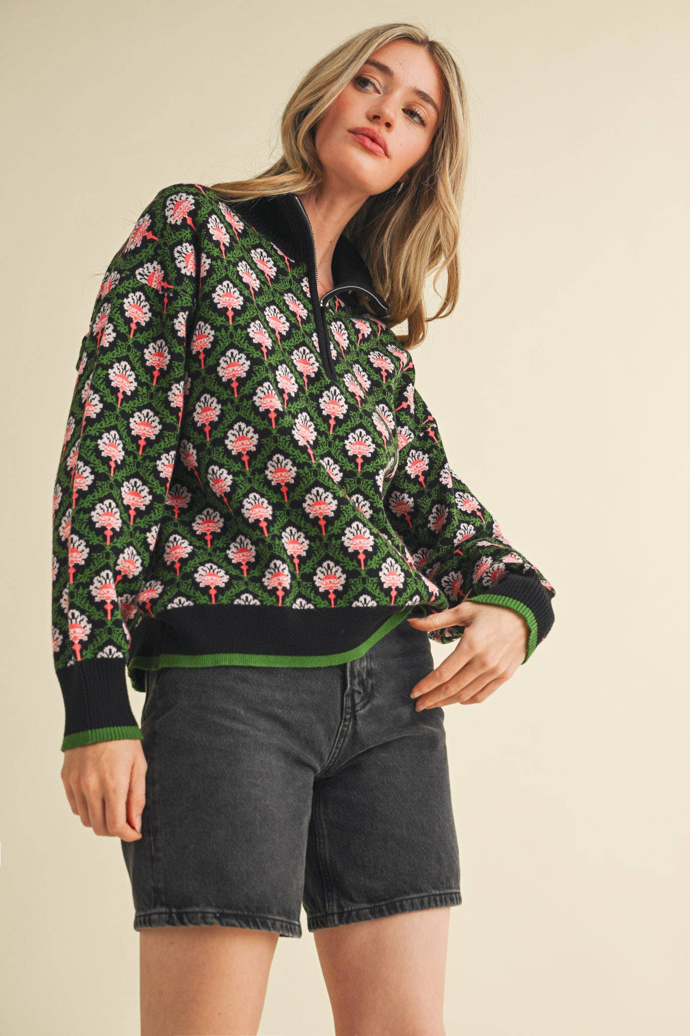 FLORAL MOCK NECK HALF ZIP PULLOVER