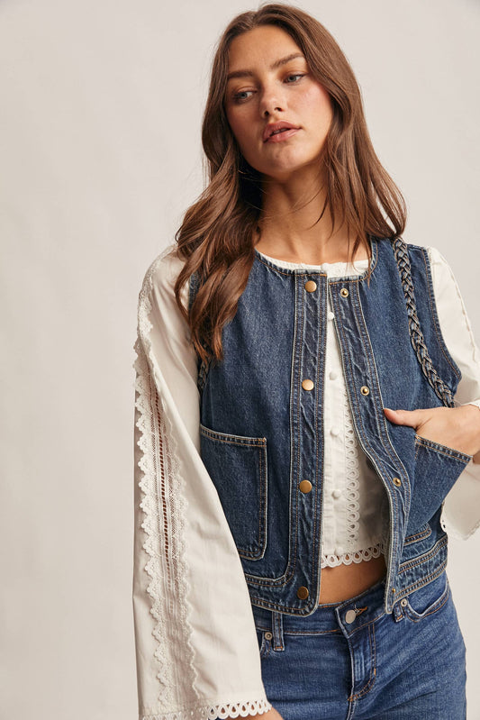 Braided Trim Denim Vest