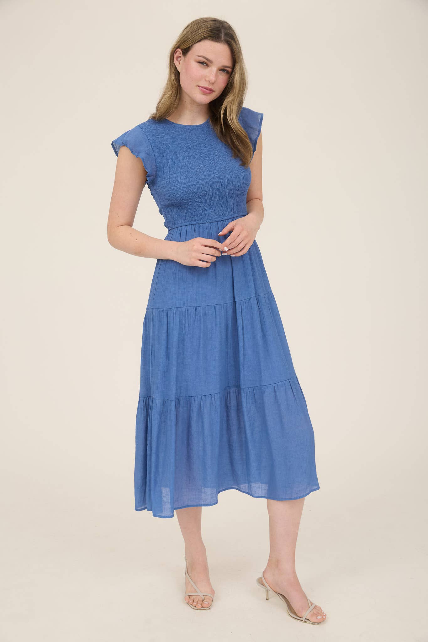 SMOCKED TIERED MIDI DRESS