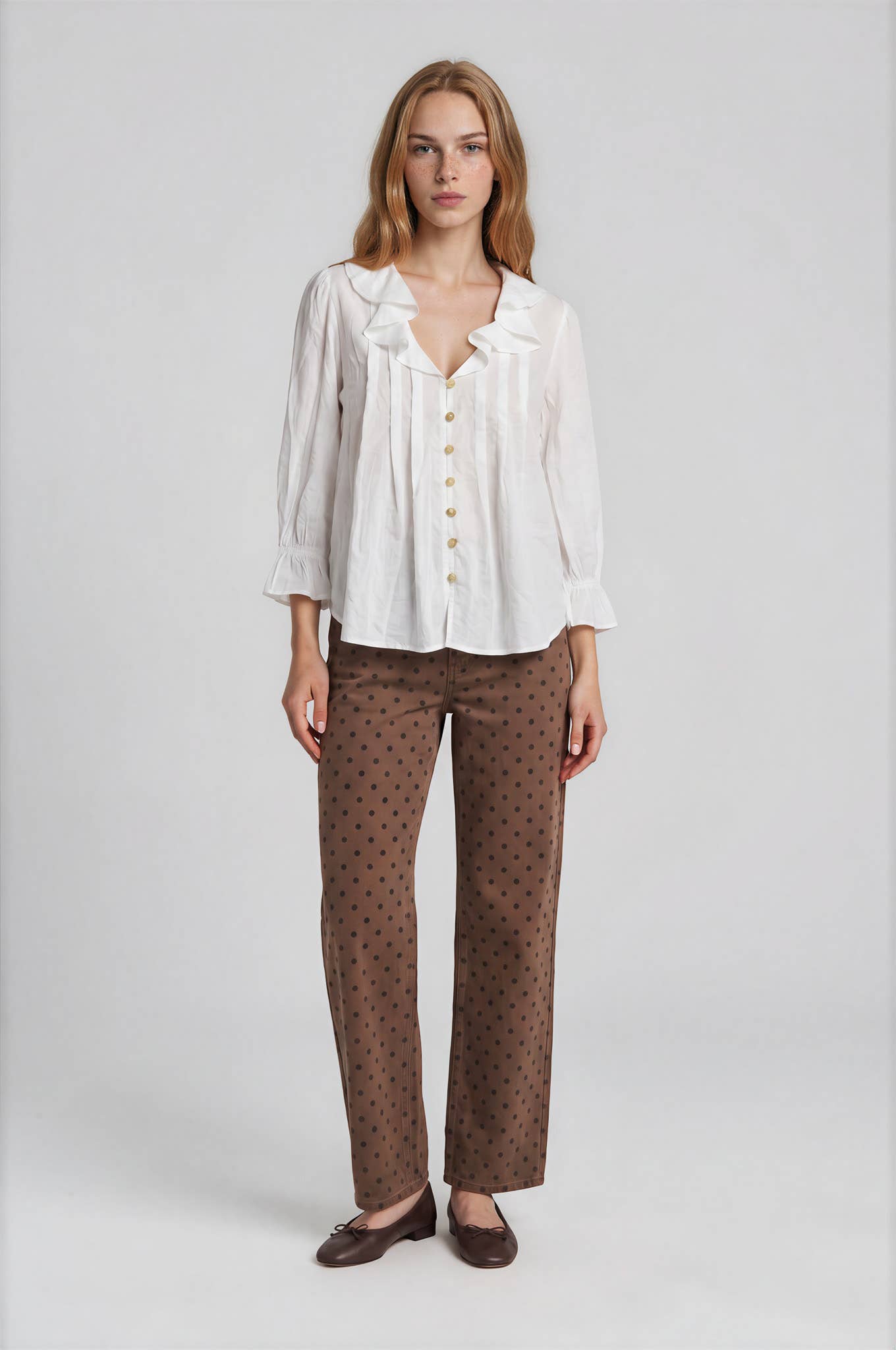 RUFFLED V NECK BUTTON DOWN 3/4 SLEEVE BLOUSE