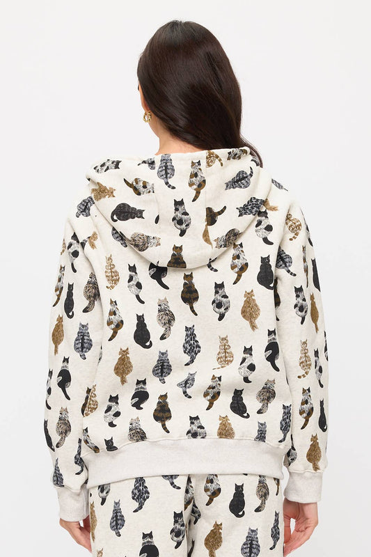 WHIMSICAL CAT TAILS PRINT ZIP UP HOODIE