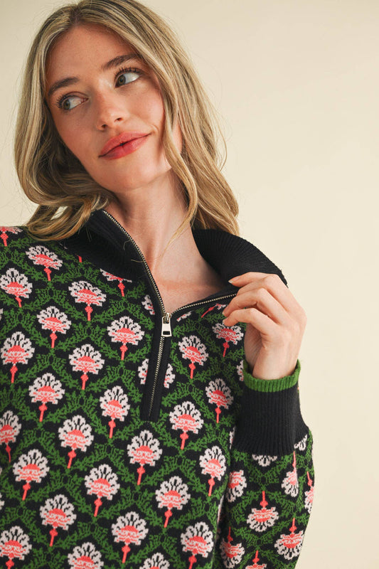 FLORAL MOCK NECK HALF ZIP PULLOVER