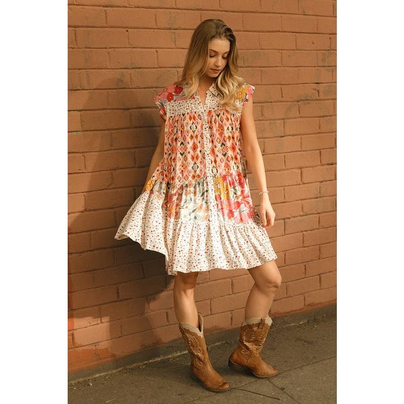 Mix and Match Print Tiered Button Down Dress