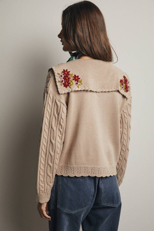 Cable Knit Embroidered Collar Cardigan