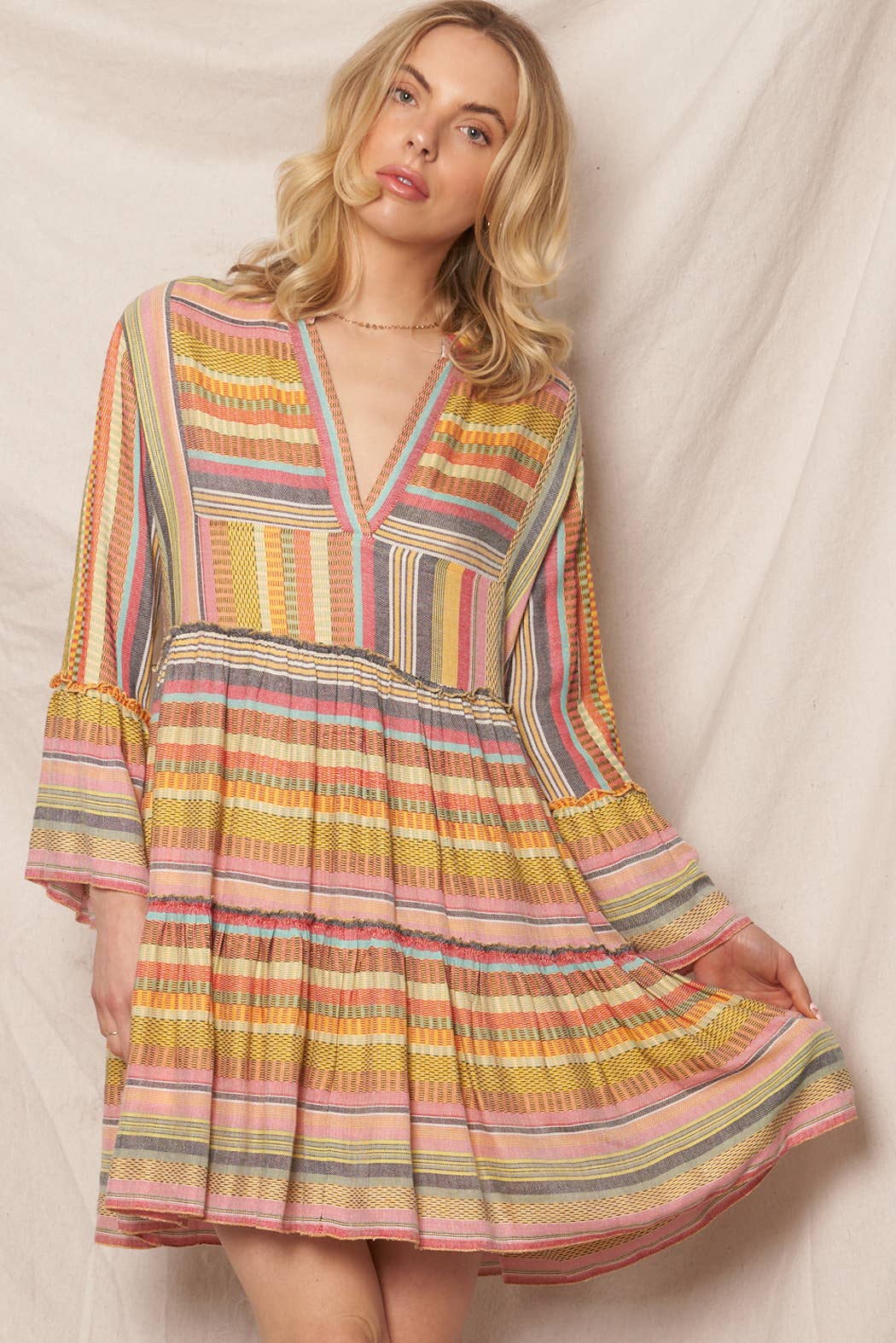 Multicolor Striped V-Neck Tiered Mini Dress