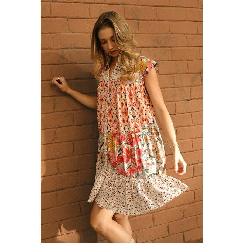 Mix and Match Print Tiered Button Down Dress