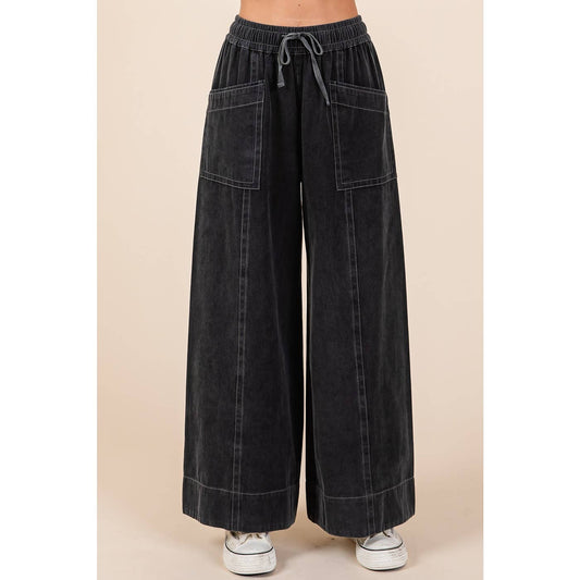 MINERAL WASH WIDE LEG ELASTIC WAIST TWILL PANTS