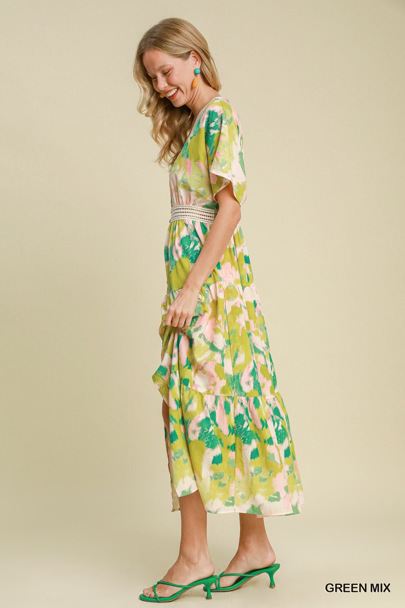 Abstract Print Dress With Lace Insets