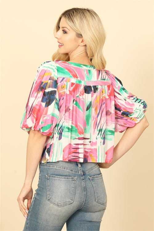 Abstract Print Puff Sleeve Blouse