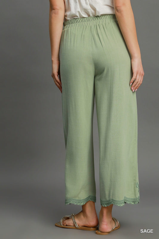 Linen Blend Embroidered Pants