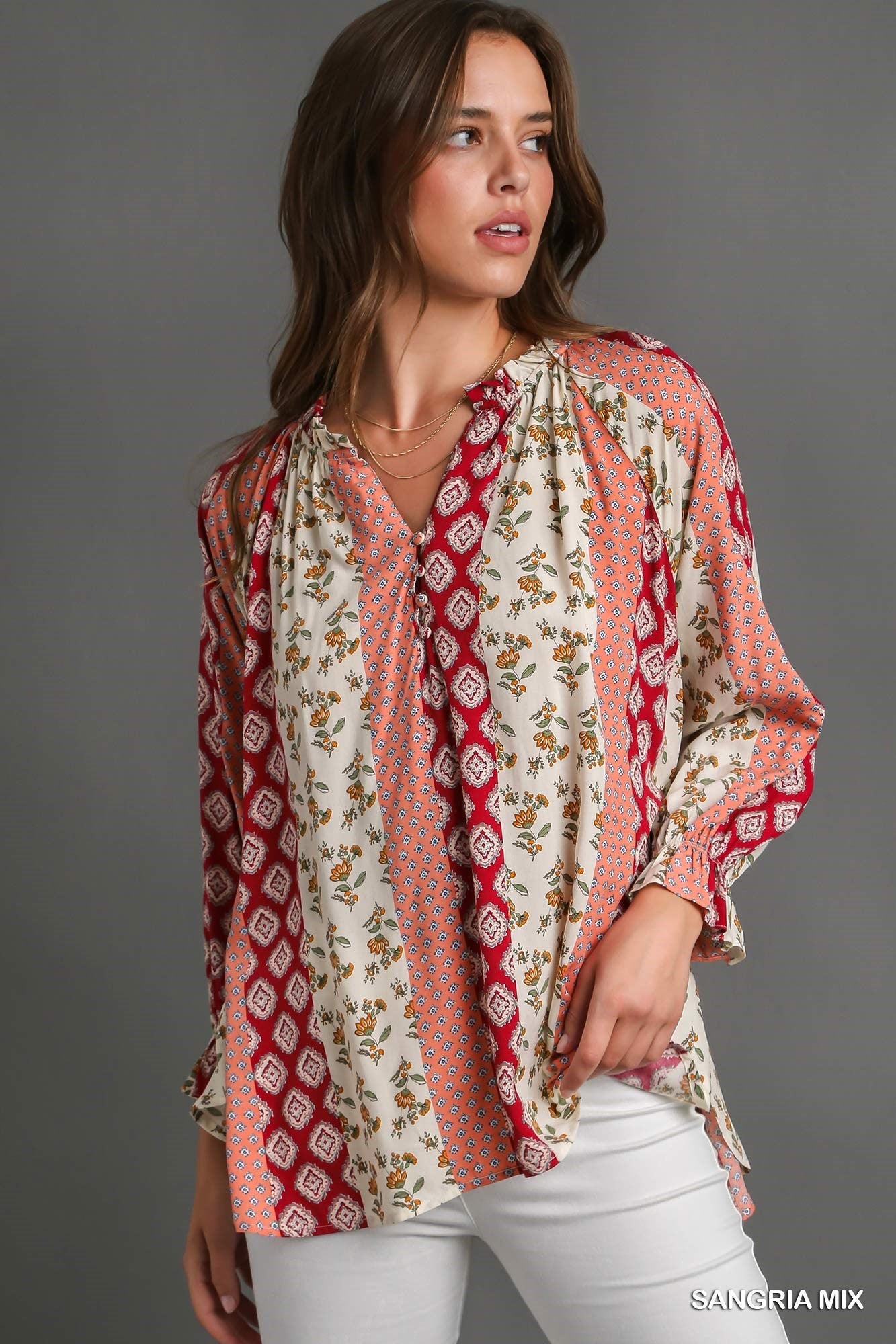 Ruffled Neck Mixed Print Blouse