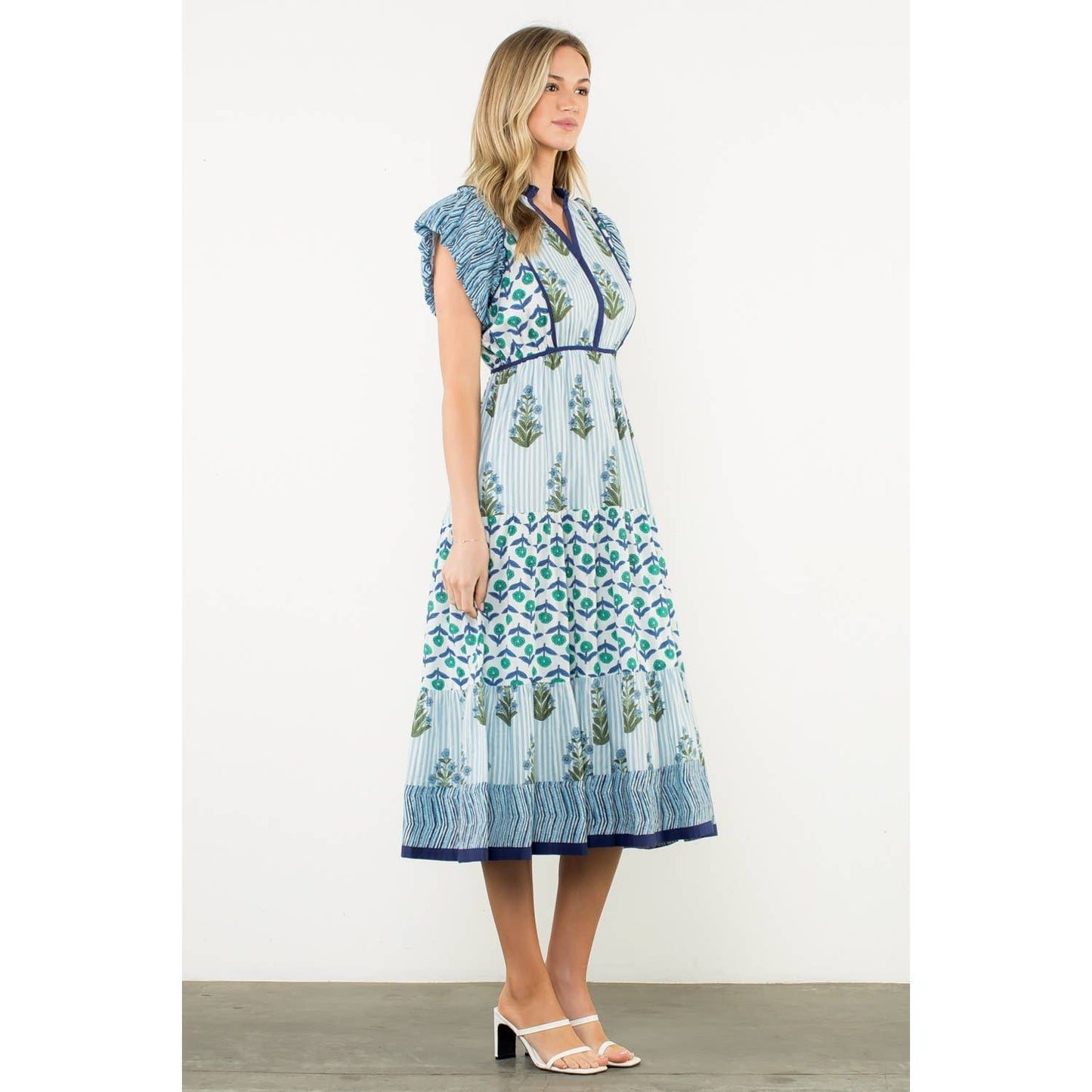 Striped Flutter Sleeve Floral Maxi Dress