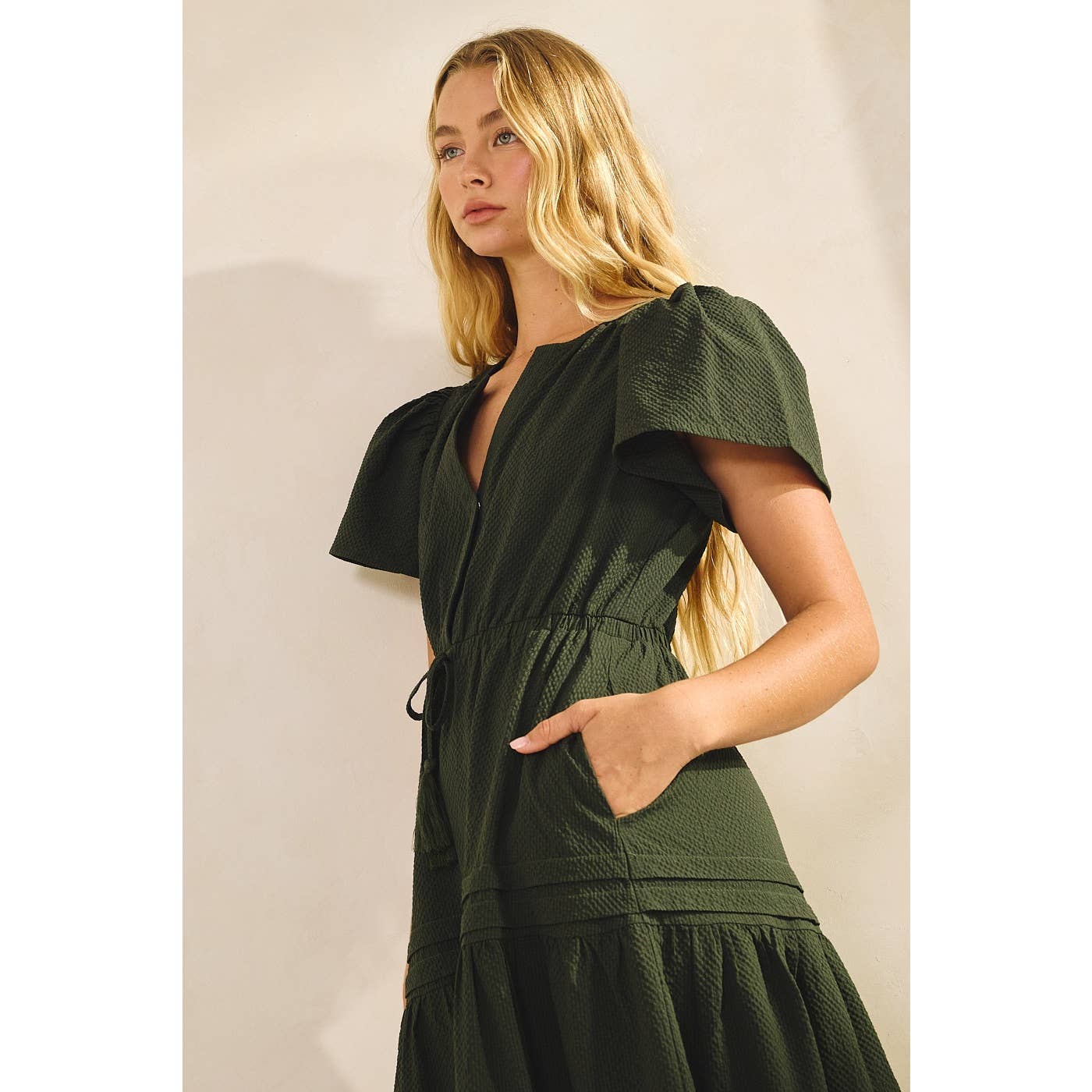 TEXTURED PINTUCK BELL SLEEVE TASSEL TIE MIDI DRESS
